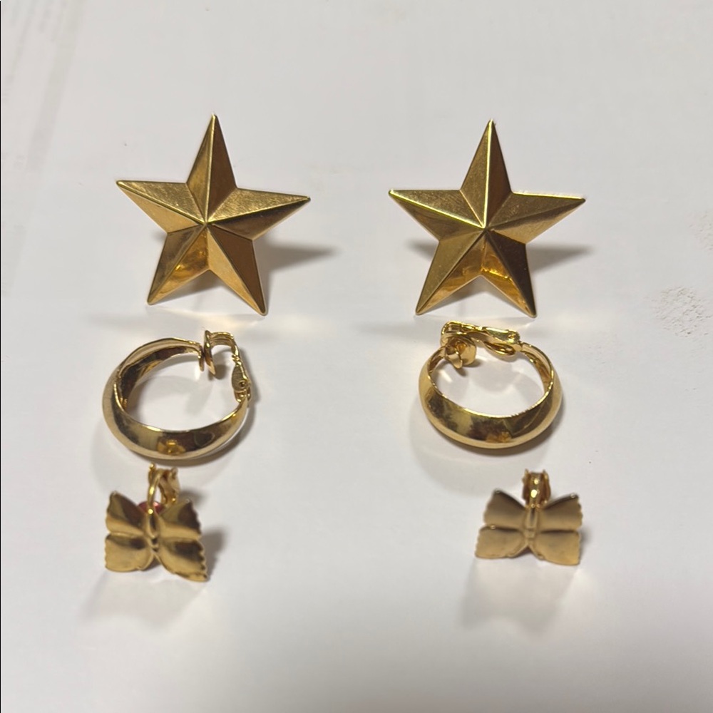Gold Star, Hoops and  Butterfly Earrings Set Lot of 3